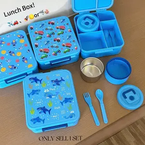 Bento Lunch Box Set for Kids🍗🥦🍓🍰🍲 with 8oz Soup Thermo, Leak-Proof Lunch Containers with 4 Compartment, Kids Thermo Hot Food Jar ，BPA Free ， Utensils for Girl Boy School, Microwave Dishwasher Safe