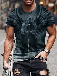 Men's Regular Fit Fitted Graphic Round Neck Polyester Jersey Stretch Tee, Short Sleeve Crew Neck T-shirt for Men, Casual Streetwear Top for All Seasons