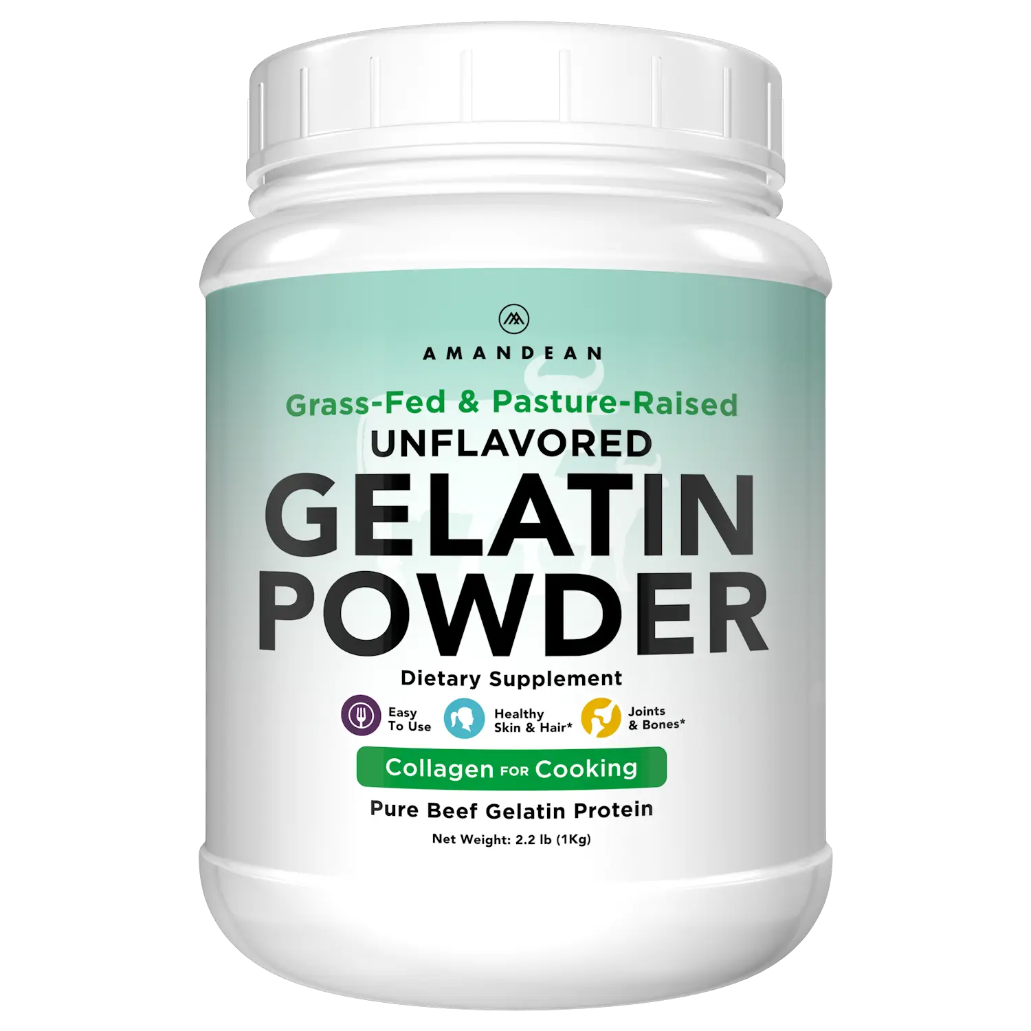 AMANDEAN Grass-Fed Gelatin Powder, High-Protein Collagen Supplement for Joints, Bones, Skin, Hair, and Gut Health. Unflavored, 18 Amino Acids, 2.2lbs.