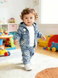 Infants (6 Months‑3 Years) Boys & Girls Spring‑Autumn Star‑Print Hooded Denim Set, Summer Denim Set, Jacket + Long Pants, Cool Casual Daily Outfit, Breathable and Wear‑Resistant, Multi‑Scene Outfit for Family Outings, Mall Shopping and Store‑Hopping