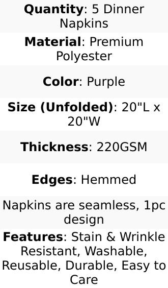 5 Pack Premium Polyester Napkins 20"x20" Purple - 220GSM Stain & Wrinkle Resistant Cloth Napkins