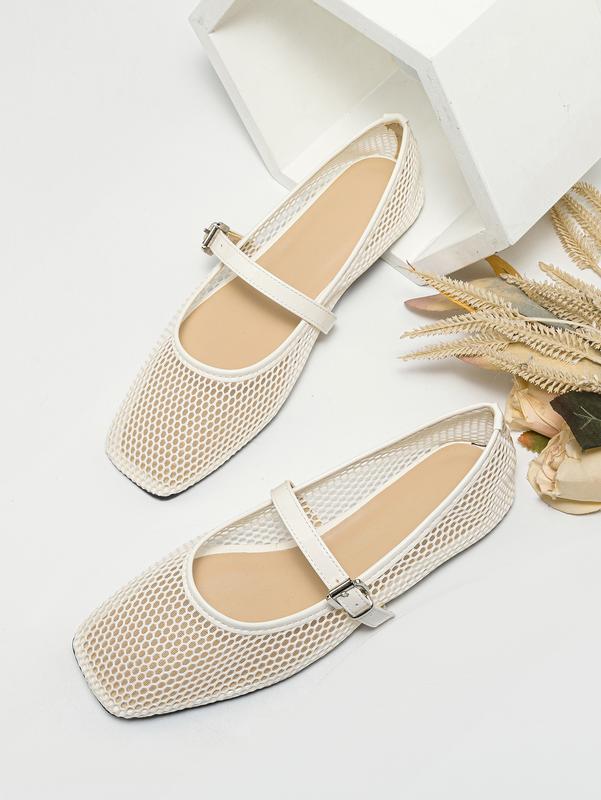 Summer Breathable Women's Flat Sandals with Square Toe Lightweight Comfort Mary Jane Ballet Shoes Casual Hollow Design for Stylish Look - Soft