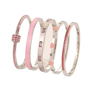 5PCS Bracelet Set for Women with Pink Diamonds Heart Design Slim Waist Single-Row Stackable Elegant Jewelry Bracelet JewelryGift for Girlfriend Wife for Parties, Gatherings Christmas and Birthday Gifts