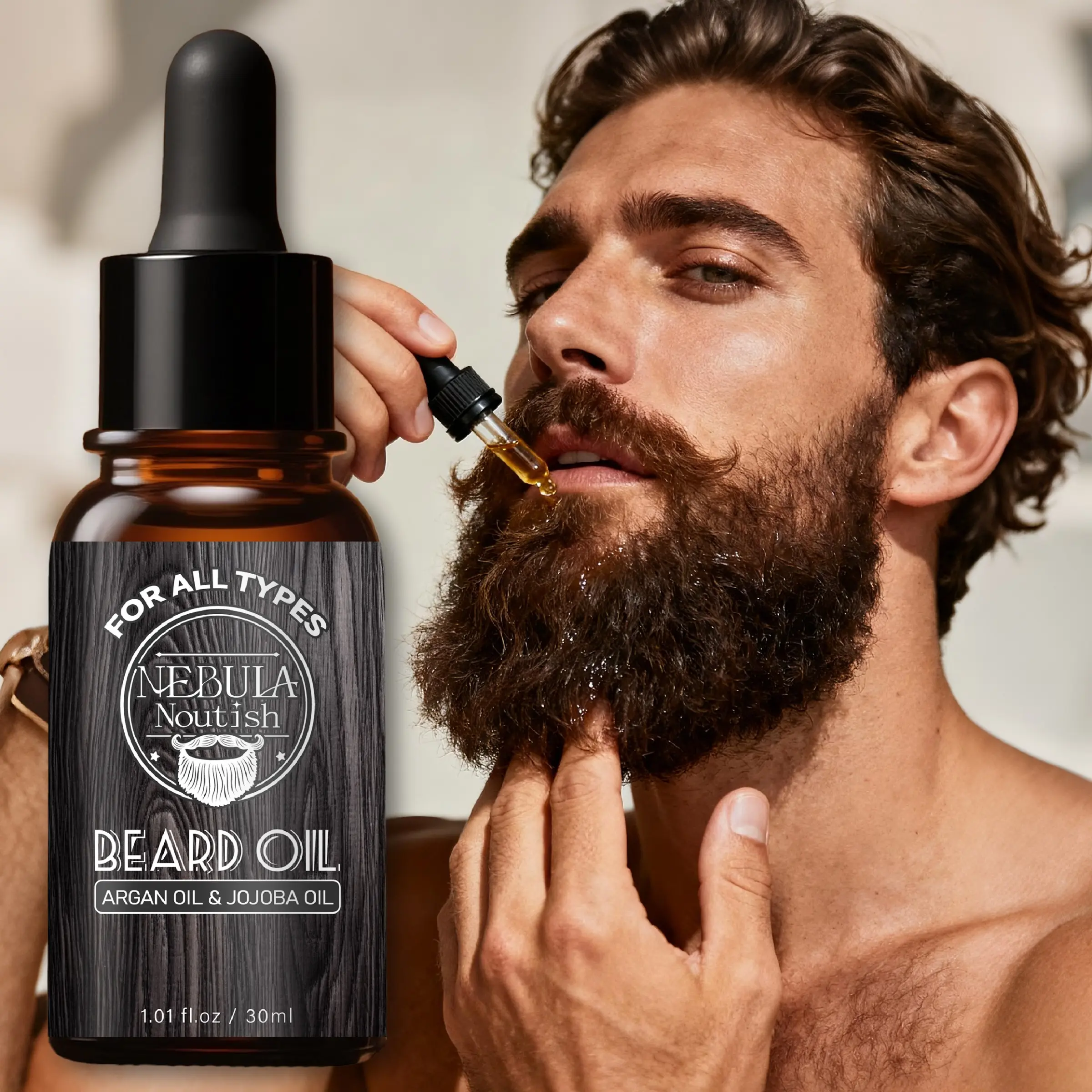 30ML Moroccan Nut Beard Oil for Men, Contains Moroccan Nut Oil, Jojoba Oil, Aloe Vera, Anti-Frizz, Deep Nourishing, Long-Lasting Moisture, Hydration, Moisturize