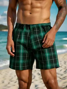 Men's Green Plaid Sleep Bottoms – Elastic Waist Lightweight Lounge Shorts, Breathable Nightwear for Comfortable Sleep & Casual Home Wear, Trendy Checkered Summer Pajama Shorts, Quick Dry Casual Sleepwear for Relaxation, Vacation & Everyday Home Use, Styli
