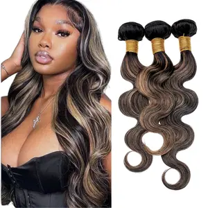 TF1B/27 Ombre Highlights Body Wave Bundles 100% Remy Human Hair 15A Wavy Cuticle Aligned Quick Weave Soft Double Weft Extension Ombre Black Honey Blonde Highlights
