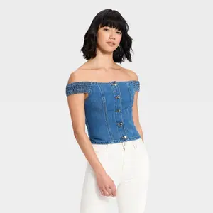 Women's Off the Shoulder Denim Top - Universal Thread Dark Wash XS