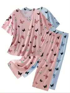 【Plus Size】 Butterfly Print Tee & Pants Loungewear Set, Casual Comfy Round Neck Short Sleeve T-shirt & Trousers PJ Set, Soft Casual Pajamas Women's Sleepwear for All Seasons