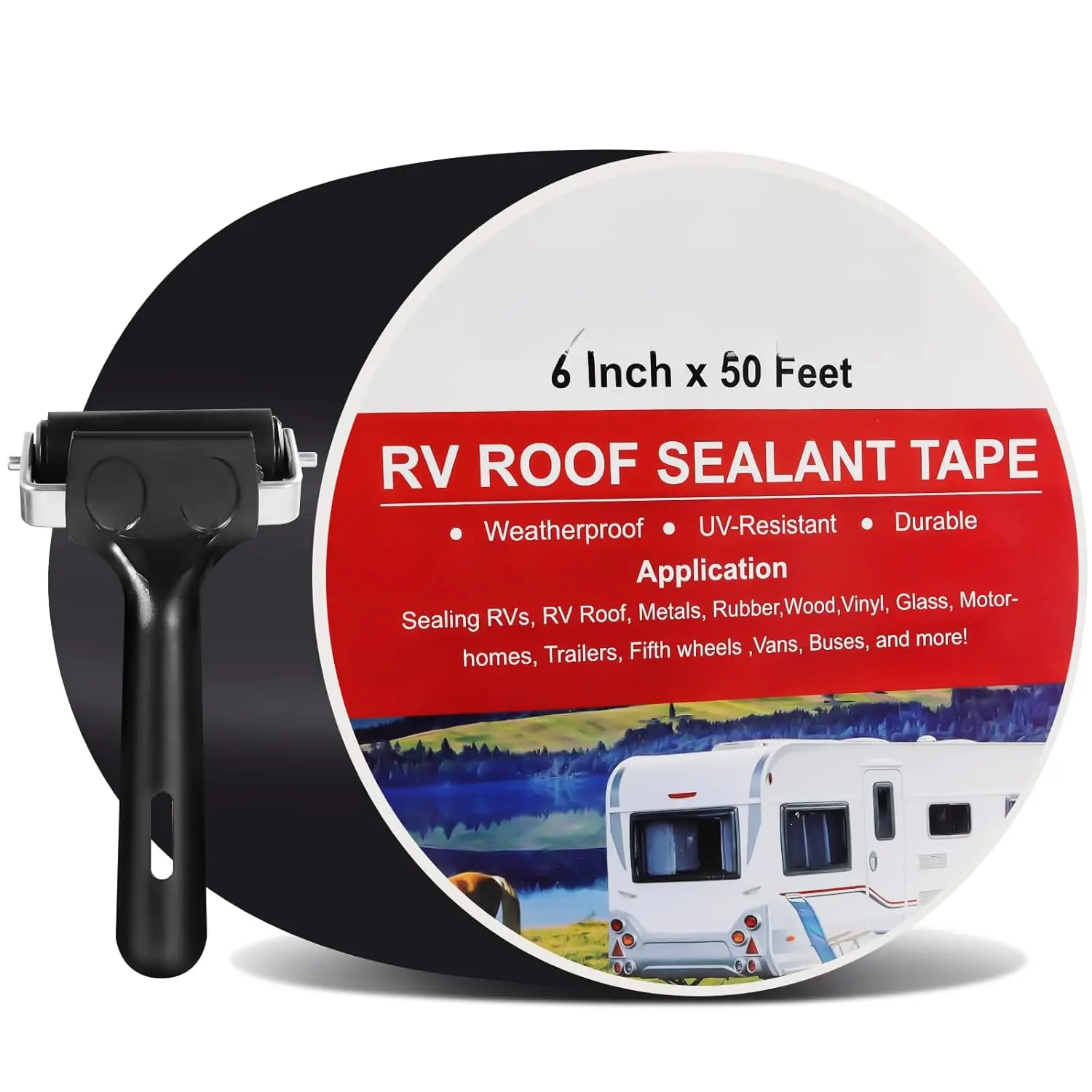 Butyl Sealant Tape with Rubber Roller, 6 Inch x 50  RV Roof Tape for Camper Roof Repair, Boat Sealing, Trailer Roofing Seam Leaks, UV Resistant, , Black