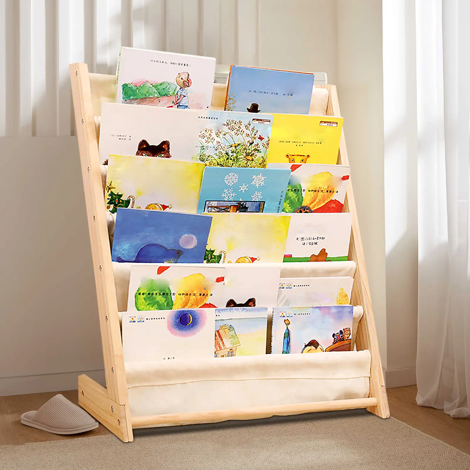 CNCEST 6-Tier Pine Wood & Cotton Linen Rectangular Kids Floor Standing Bookshelf, 31.1" Height, 100+ Book Capacity, Space-Saving Storage for Nursery Home Organizer