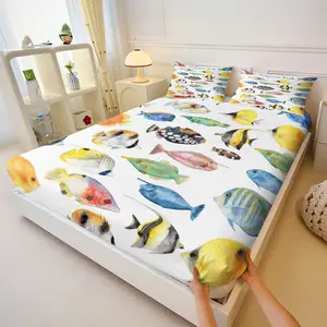 Watercolor Tropical Fish Bedding Set, Ocean Life Coral Fish Print Bed Sheets, Includes 2 Coreless Pillowcases, Breathable Durable Decorative Kit