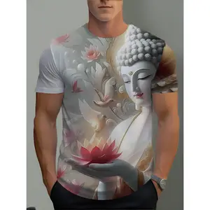 Mens Digital Printed T-Shirt- Modern And for Lotus Design, High-Quality Casual Crew Neck Shirt, Fashionable And Comfortable Wear, Spiritual Artistic Apparel, Exquisite Pattern, Tailored Fit, PLUS SIZE