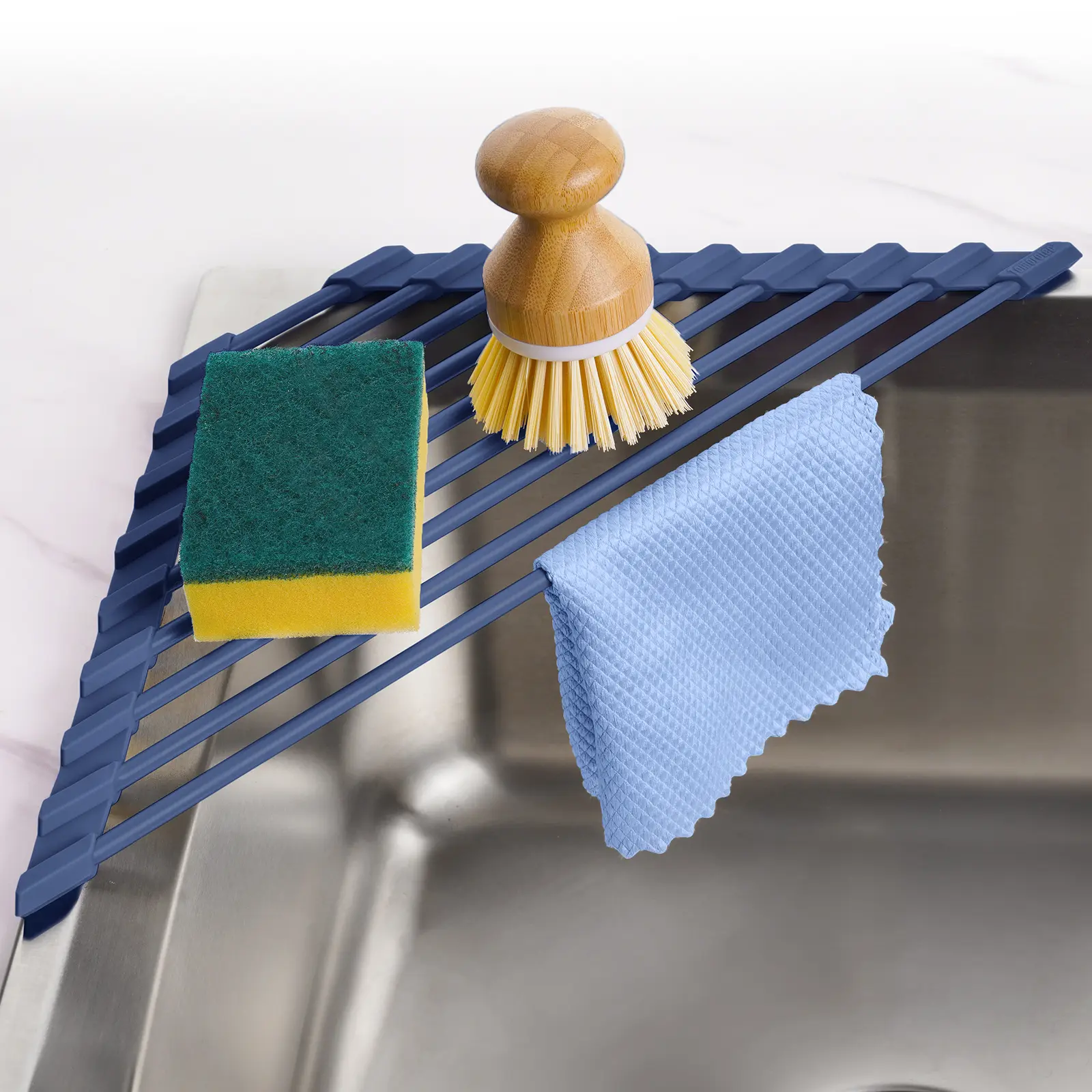 Tomorotec Heavy Duty Iron-Silicone Roll-Up Triangular Over-The-Sink Dish Drying Rack, Foldable Stainless Steel Corner Space Saver, Adjustable Dark Blue/Light Purple Cup Holder, Durable Sink Organization, Heat-Safe Trivet, Dishwasher Clean (Fits Fruits)