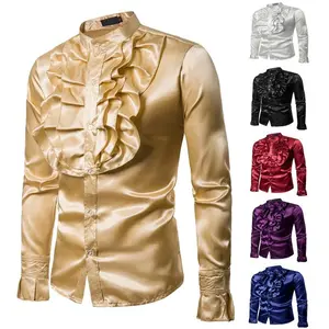 MenSatinRuffleShirtsLongSleeveSilkLikeSatinStandCollarSolidColorFitCasualShirt