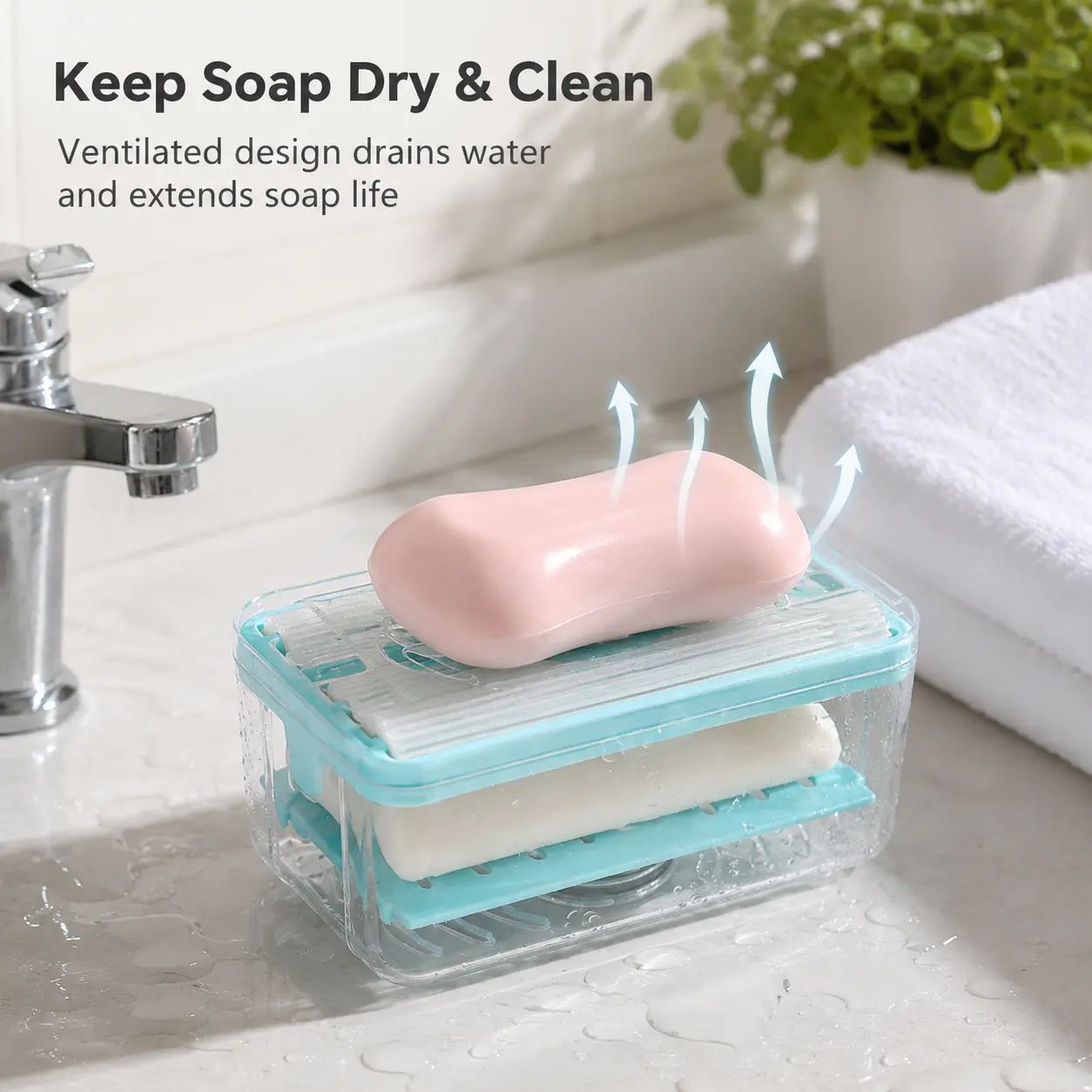 Multifunctional transparent soap box, hollow draining design with soft rubber roller for bathroom household countertop storage