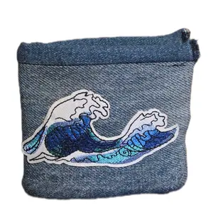Denim a wallet with wave embroidery patch