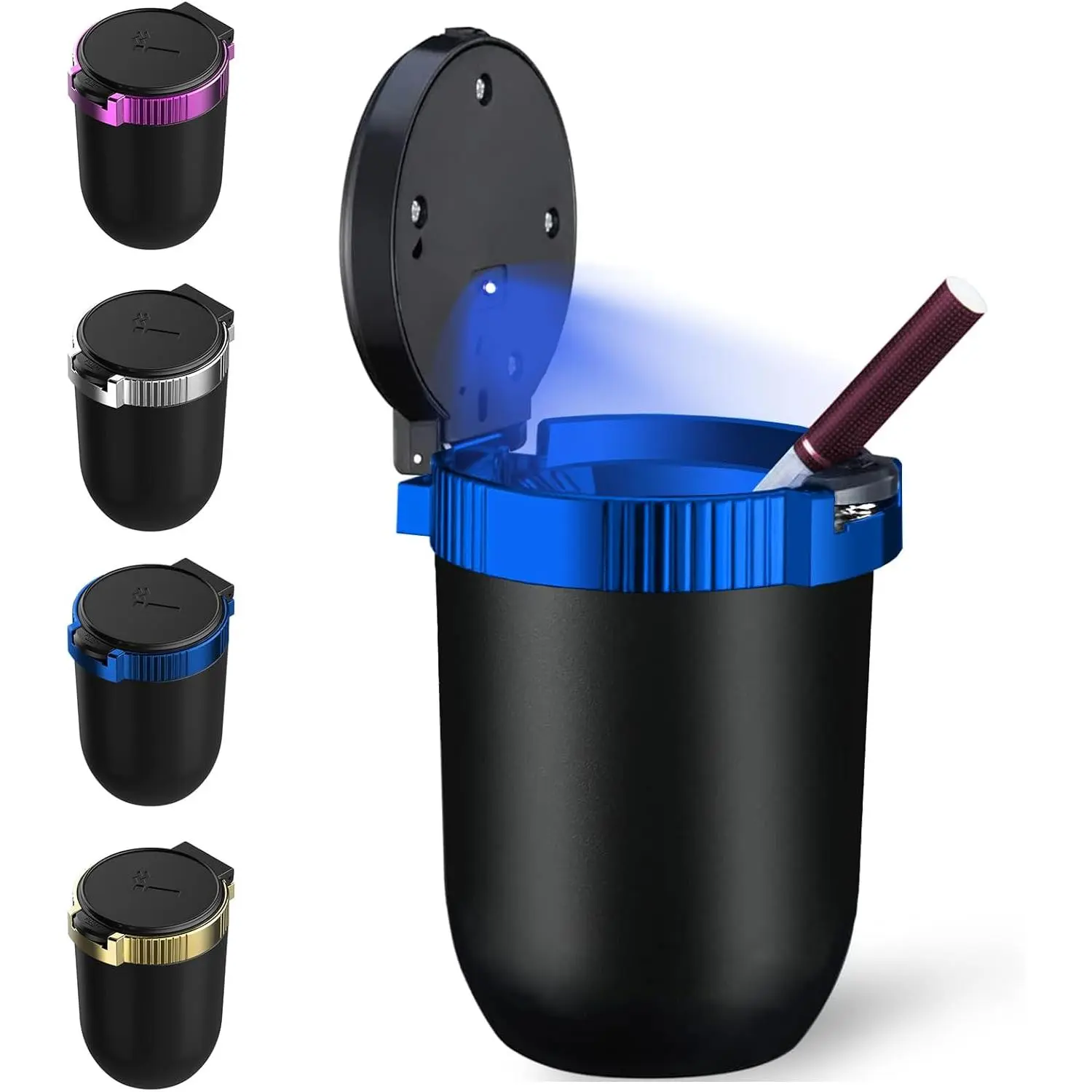 Blue (1-Pack) Smokeless Car Ashtray with Detachable Lid - Stainless Steel Inner Container, Windproof, Portable LED Blue Light, Smell Proof, Easy to Clean Auto Interior Stowing Accessory, Mini Trash Can for Travel, Gift for Family and Friends