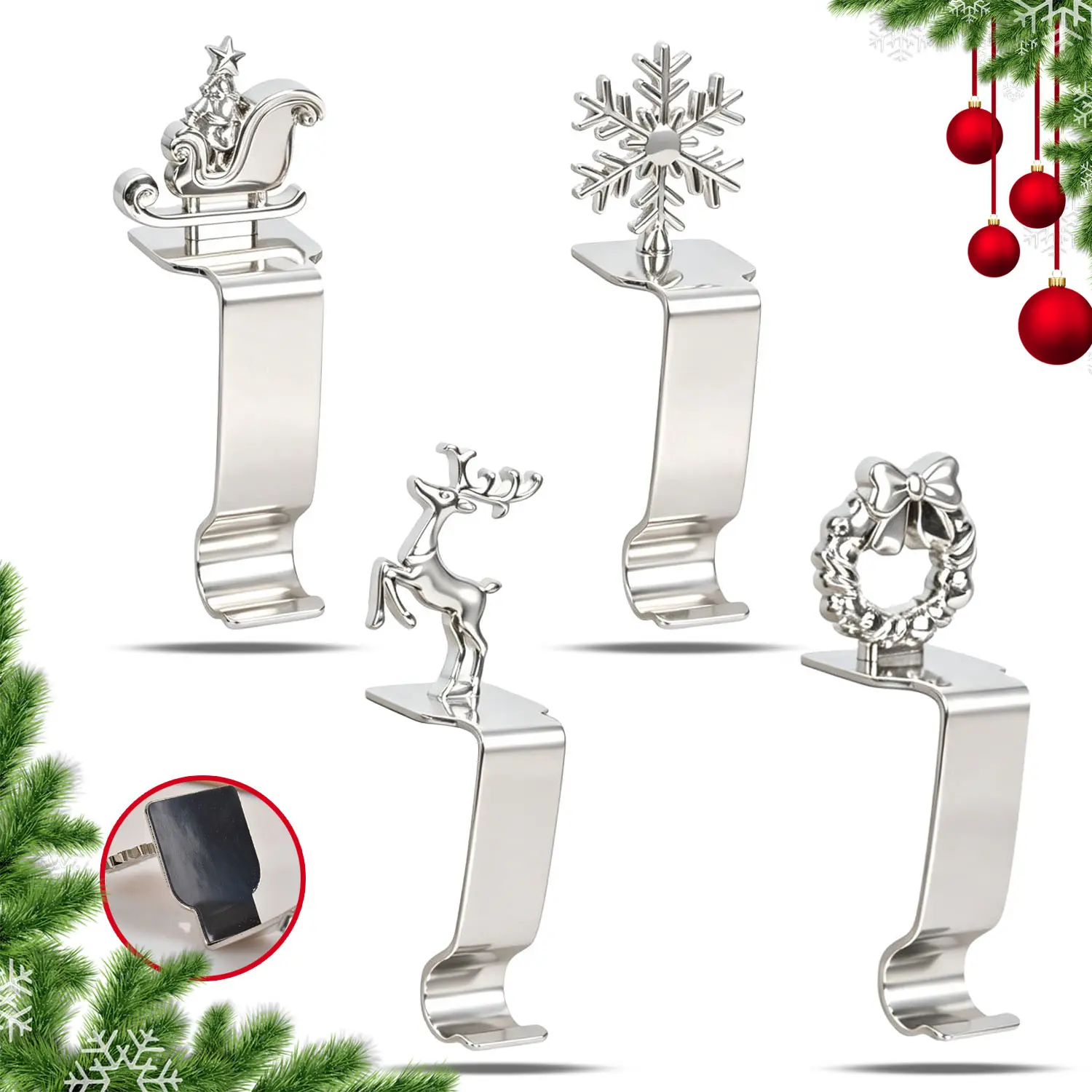 HOMEYA Lightweight Christmas Stocking Holders for Mantle, Set of 4 Non-Slip Fireplace Hangers Hooks - Reindeer, Snow Flake, Sleigh, Wreath Festive Home Indoor Decorations