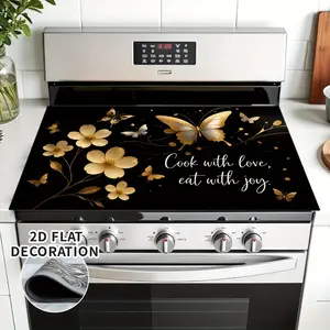 2D flat decorative electric stove cover with floral butterfly design - black rubber lined gas stove protective cover, suitable for any kitchen stove, fashionable kitchen decoration, stove cover, decorative cover, diatomaceous earth oven mat