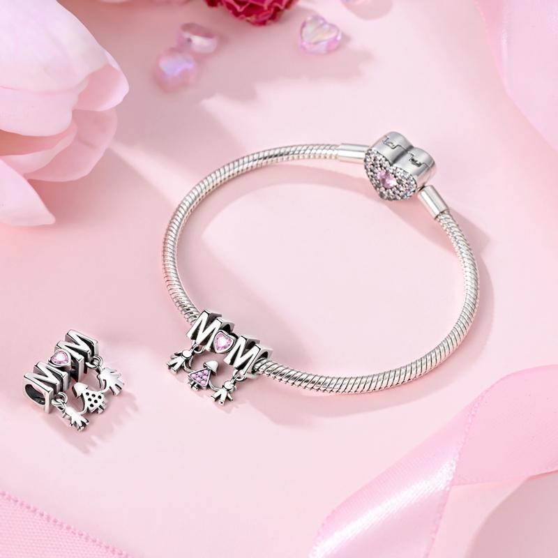 MULA Mom and Child Holding Hands S925 Sterling Silver Beads with Pink CZ Hearts - Perfect for Mother's Day, Birthdays and Family Celebrations, Compatible with Pandora Bracelets and Necklaces