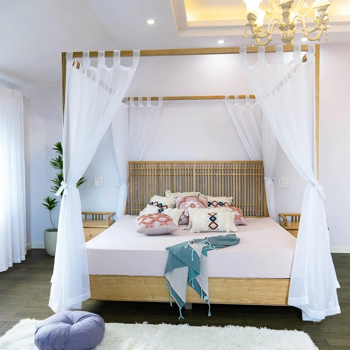 Sheer Canopy Bed Curtains for King, Queen, Full and Twin Bed, 4 Corner Bed Canopies & Drapes, Four Poster Bed Canopy Curtains, Sheer Curtains for Canopy Bed Drapes, White