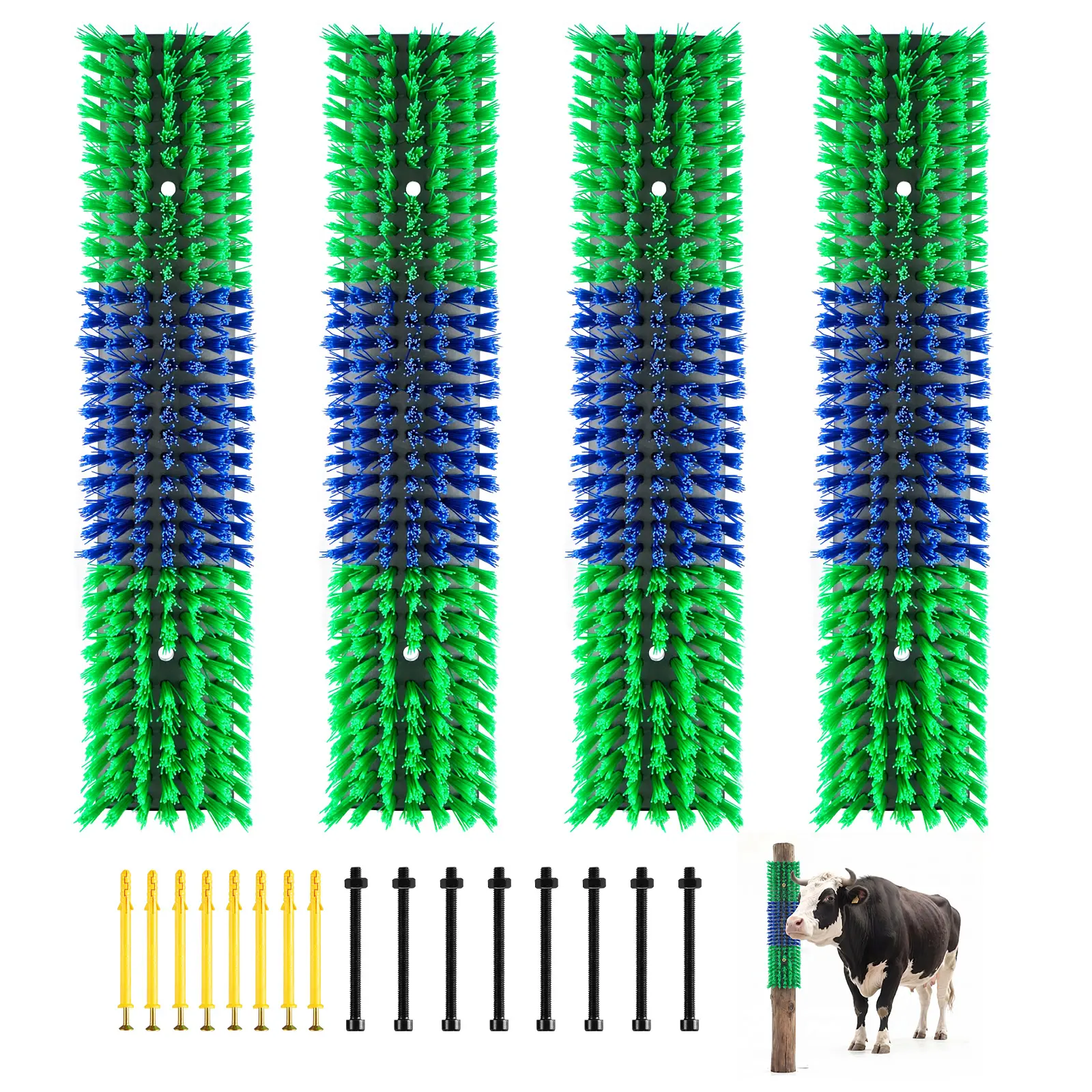 【FathersDayGift】VEVOR Livestock Scratching Brush, 4PCS Goat Scratcher Brush Post with 16 Screws, 16.9" x 3.9" Cow Scratcher for Back Itch Relief, Massage Grooming Scratch Tool for Horse Cattle Sheep Pig, Green & Blue, Deer, Zoo, Easy Installation, Farms