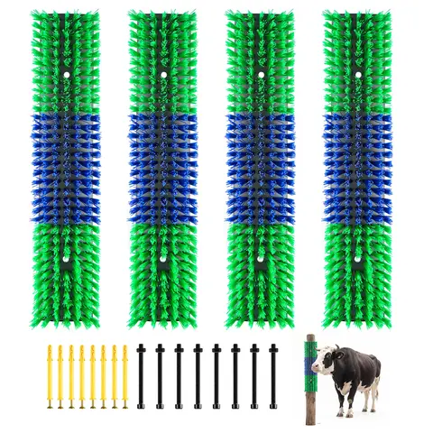 VEVOR 4PCS PBT Plastic Livestock Scratching Brush Multi Pack, 16.9"x3.9" Vertical Mount with Adjustable Height, 16 Screws for Easy Installation & Low Maintenance, Skin Cleanse for Deer & Large Animals, Reduces Rubbing & Relieves Itching, Green & Blue