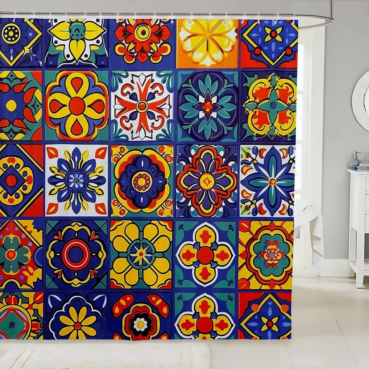 Mexican Talavera Tile Shower Curtain - Colorful Mexico Tiles Bathroom Decor,Vintage Floral Patchwork Bathroom Set for Home,Exotic Ethnic Aesthetic Fabric Shower Curtain