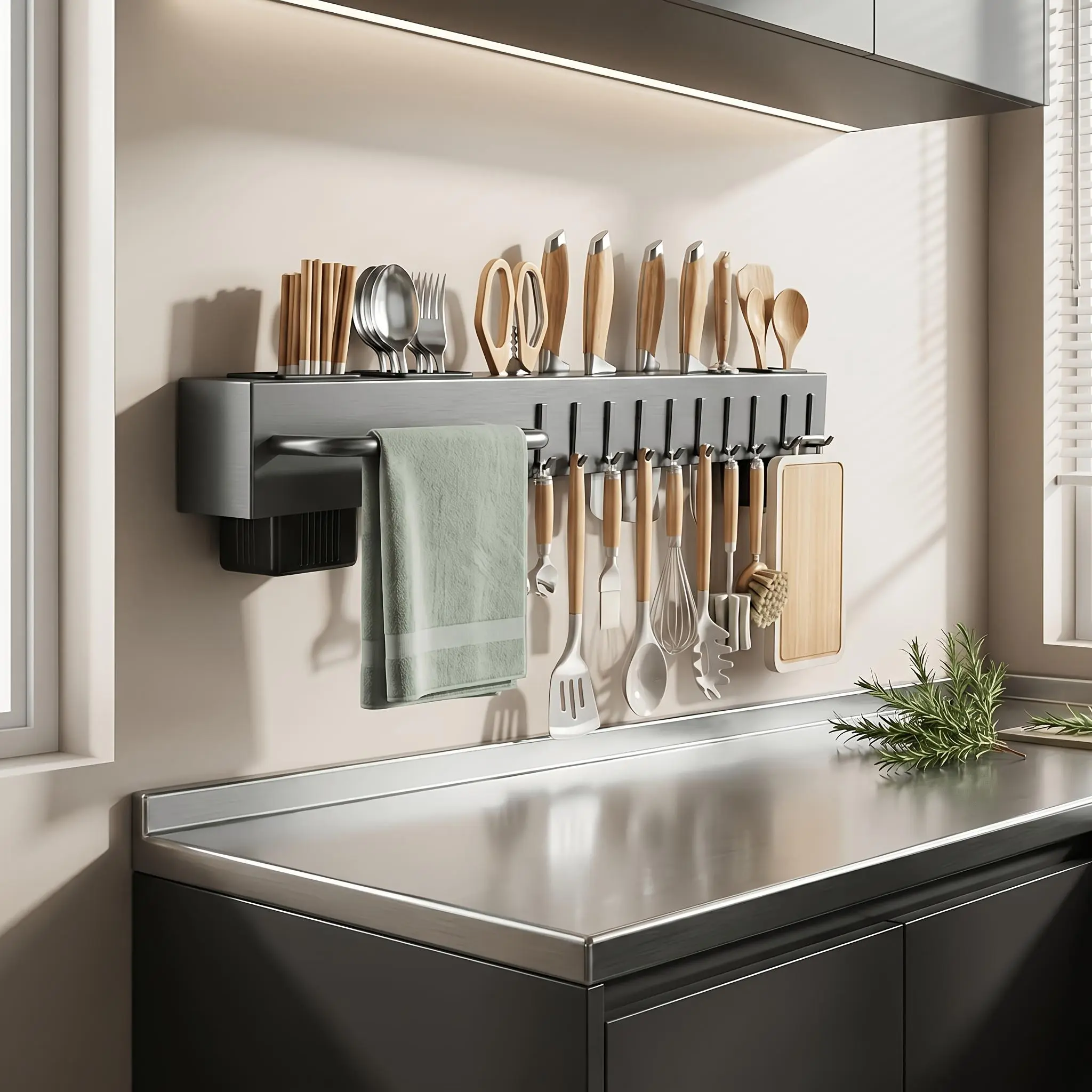 Multifunctional wall-mounted kitchen storage rack Heavy carbon steel knife holder Everyday storage rack No drilling installation Home dining room storage for knives, cutlery, and cutting boards Space-saving