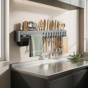 Multifunctional wall-mounted kitchen storage rack Heavy carbon steel knife holder Everyday storage rack No drilling installation Home dining room storage for knives, cutlery, and cutting boards Space-saving