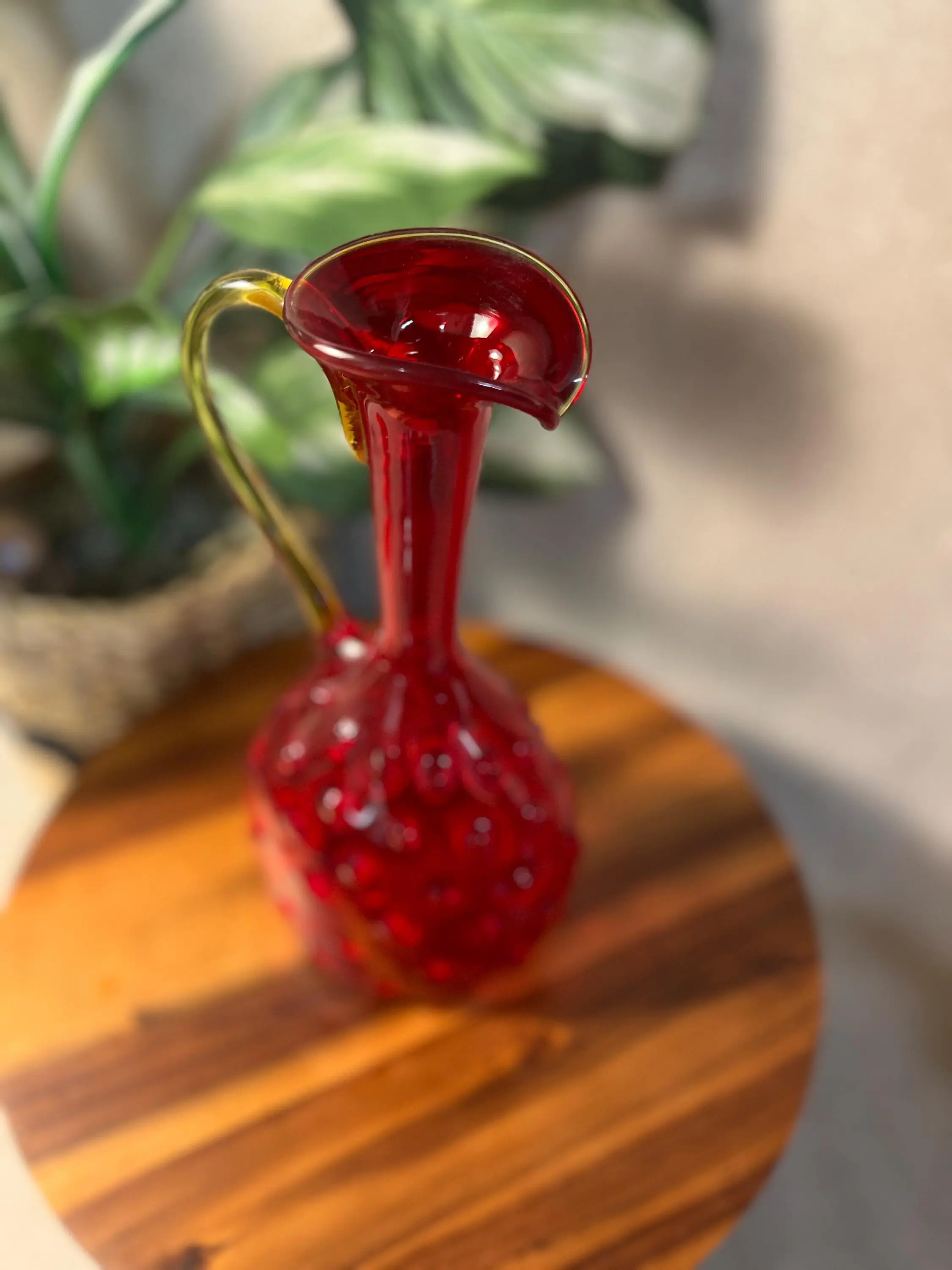 11" Hand-Blown Vintage Amberina Hobnail Art Glass Pitcher with Handle, Ruby Red Home Decor Vase for Room Decor