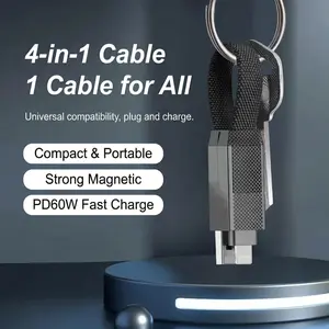 60W 4-in-1 Magnetic Keychain Fast Charging Cable for Apple iPhone, Huawei, Xiaomi, Samsung, Google Pixel, USB-A, Type-C, Lightning, PD 60W, Ultra-Compact, Durable Nylon Braided, Smart Chip Protection, 480Mbps Data Transfer, Travel & Commuting Friendly