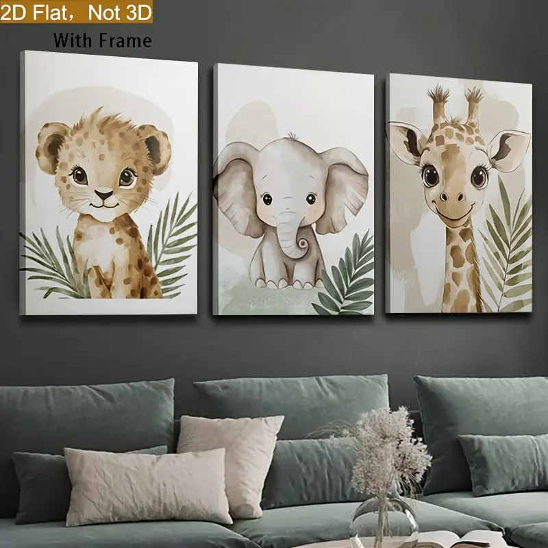 2D canvas print, 3-piece set of wild animals and jungle animals - framed wall art, suitable for children's rooms, living rooms, and bedroom decor. Wild animal room decor, safari-themed decor, nursery decor, perfect for room decoration. Children's room dec