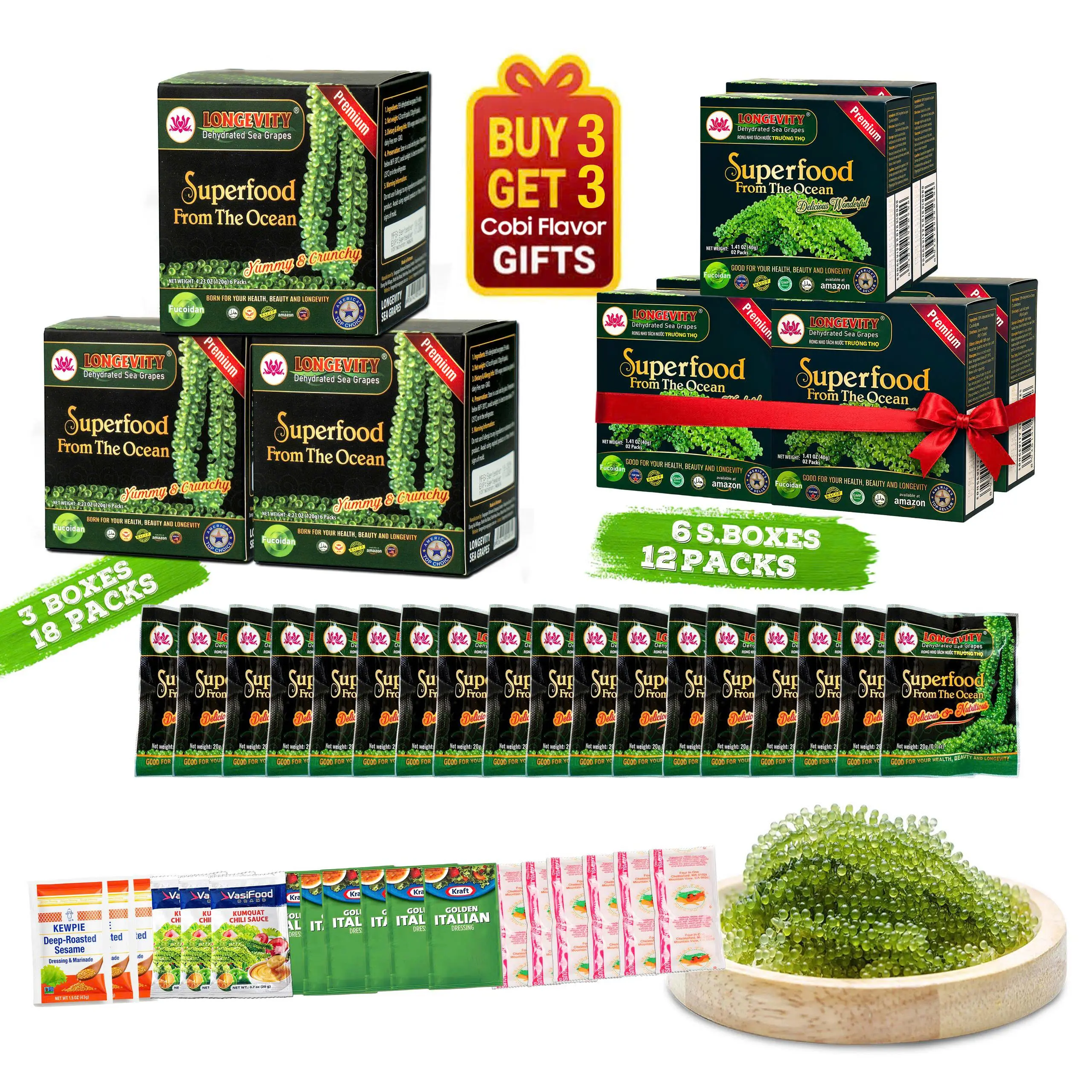 [Buy 3 Get 3 Gifts Free] 3 BOXES Longevity Dehydrated Sea Grapes - COMBO 3 BOXES 18 Packs Green Caviar Umibudo Latok Seaweed Organic Premium Quality Crunchy Flavor Superfood From The Ocean