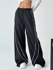 Street Style Wide Leg Pants, European and American Large Fit Nylon Sports Pants, High Waist Drawstring Slimming Casual Athletic Pants, Athleisure Pants Functional Fashion