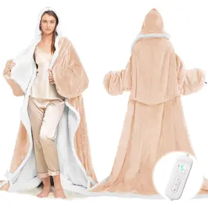Wearable Heated Blanket with Foot Pocket, Electric Wearable Throw Blanket with Sleeves, Hood, Portable Heated Blanket with 8 Heat Settings, 1-10 Hours Auto Shut-off,  for Family, , 50*70"