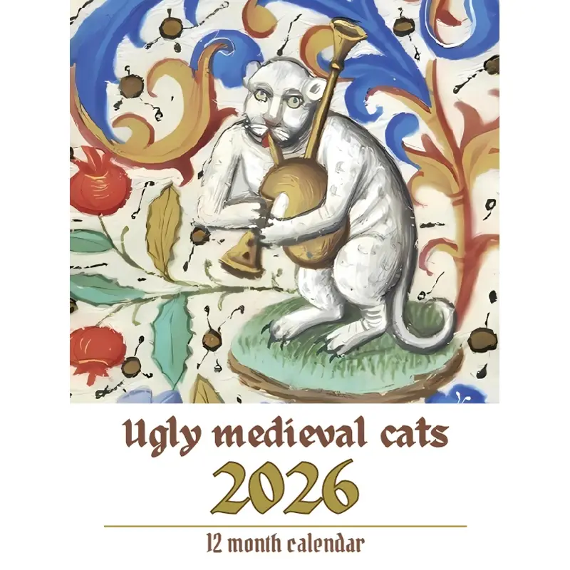 2026 Medieval Cat Calendar, 12-Month Paper Planner with Quirky Art Inspired by Historical Manuscripts, Unique Wall Decor