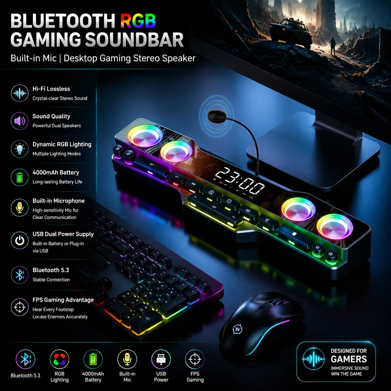 Bluetooth RGB Gaming Party Speaker with Microphone - Portable Wireless Speaker, 4000mAh Battery, Fidelity Dynamic Stereo Lossless Sound, Color Lighting, Footstep Detection, USB Powered, Gamer Stuff Gift, Bluetooth Speaker tiktokshopbacktoschool