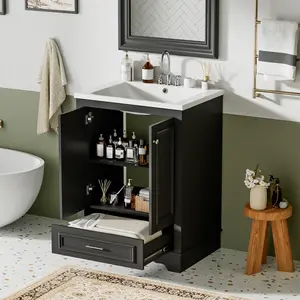Nicole Selection 24" Bathroom Vanity with Ceramic Sink Combo Modern Freestanding Storage Cabinet Soft Closing Doors Silver Handles Waterproof Design Easy Assembly Space Saving, N710P194893B, For Christmas Gifts