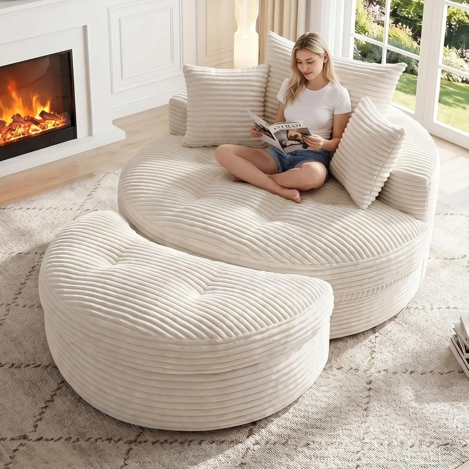 WINZOO Oversized Round Chaise Lounge Chair - Ribbed Corduroy Cloud Couch, Pre-Assembled Deep Seat Boneless Floor Sofa, Upholstered Sleeper with 3 Pillows & Optional Ottoman, Modern Lazy Lounger for Living Room