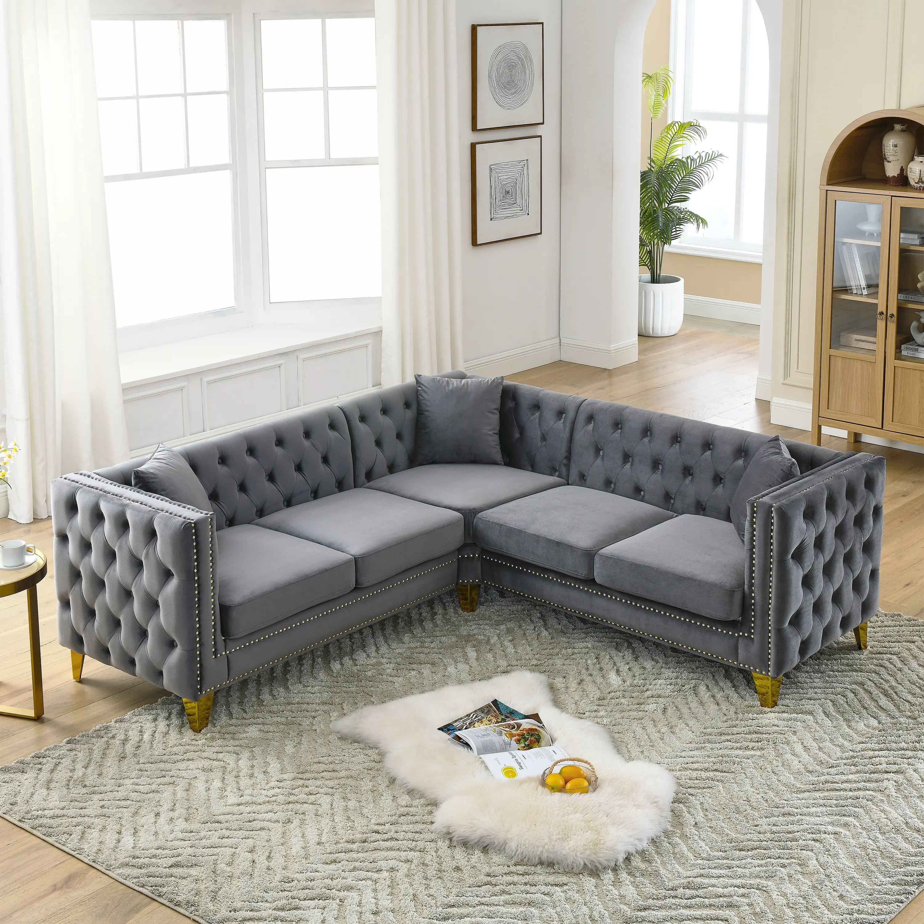 82.2-Inch L-Shaped Velvet Sectional Sofa, 5-Seater Corner Couch with Chesterfield Tufting, Nailhead Trim, Solid Wood Frame, Foam Cushions, Gray, for Living Room, Bedroom, Apartment, Office