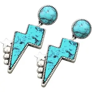 Western Turquoise Lightning Bolt Stud Earrings Natural Green Stone Thunder Flash for Women Cowgirls Punk Party Statement Jewelry