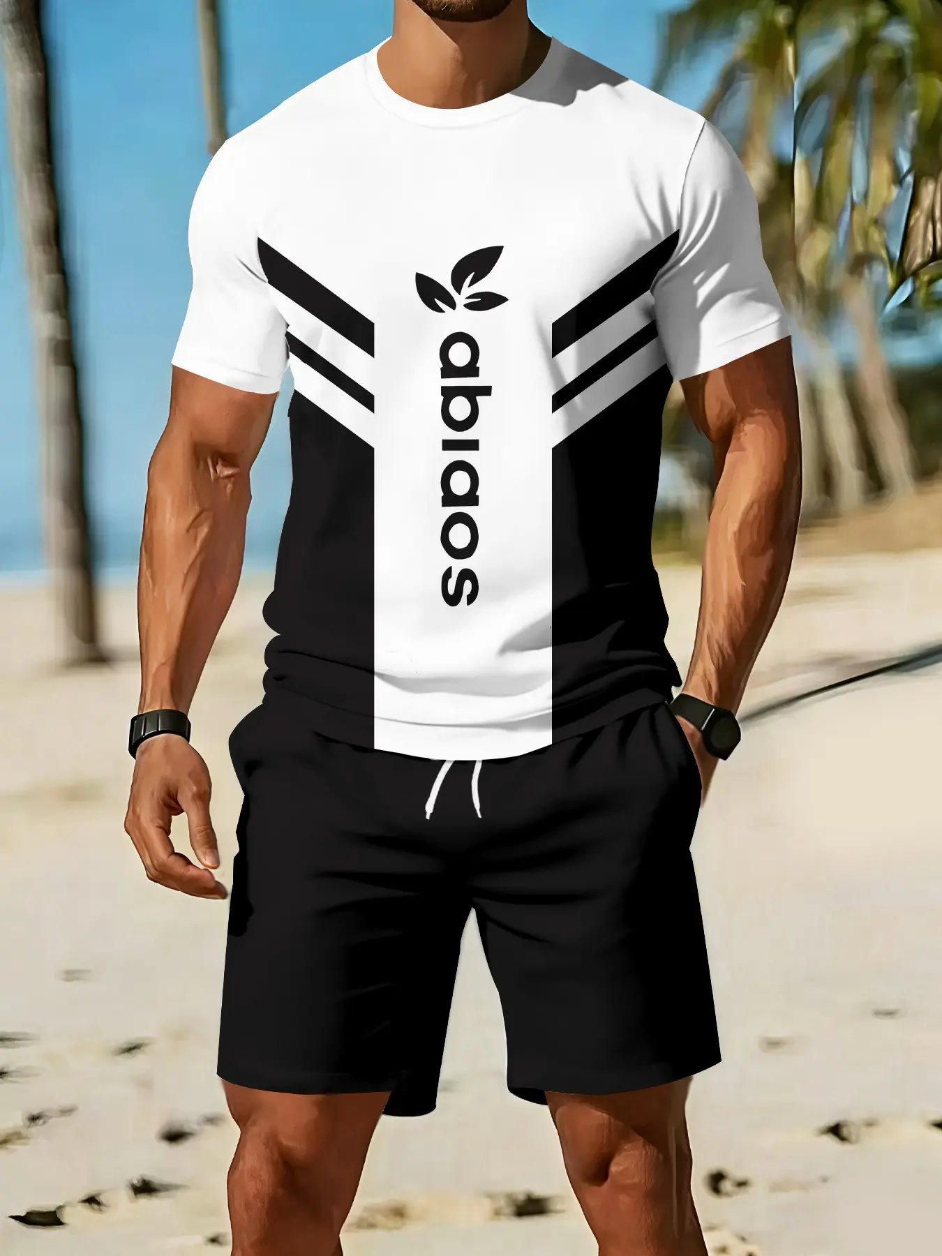 Men's 3D printed two-piece set with black-and-white contrasting lines, Top Shorts Set, Shorts Matching Set, 2Pcs, Round Neck, Tropical resort-style wear, breathable sports and casual style, a festival gift for men