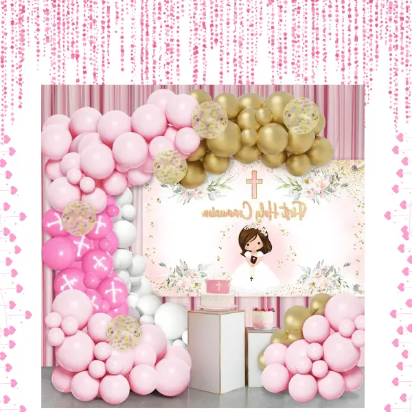 Pink First Holy Communion Decorations for Girl – Balloon Garland Arch Kit with Banner for Baptism, Christening, God Bless Party
