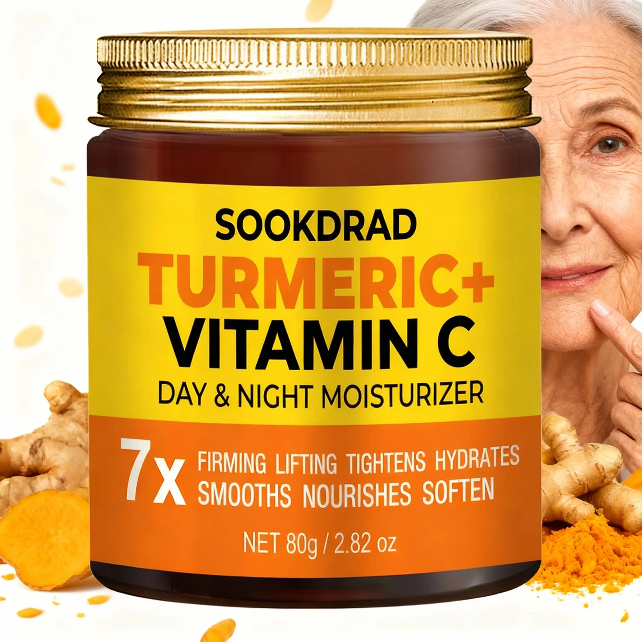 Turmeric + Vitamin C Day & Night Moisturizer Cream, Facial Daily Moisturizer, Hydrating Smooth Face Care, Moisturizing, All Skin Types, Daily Use, Firm Anti Aging, Firming Deep Hydration, 80g/2.82oz