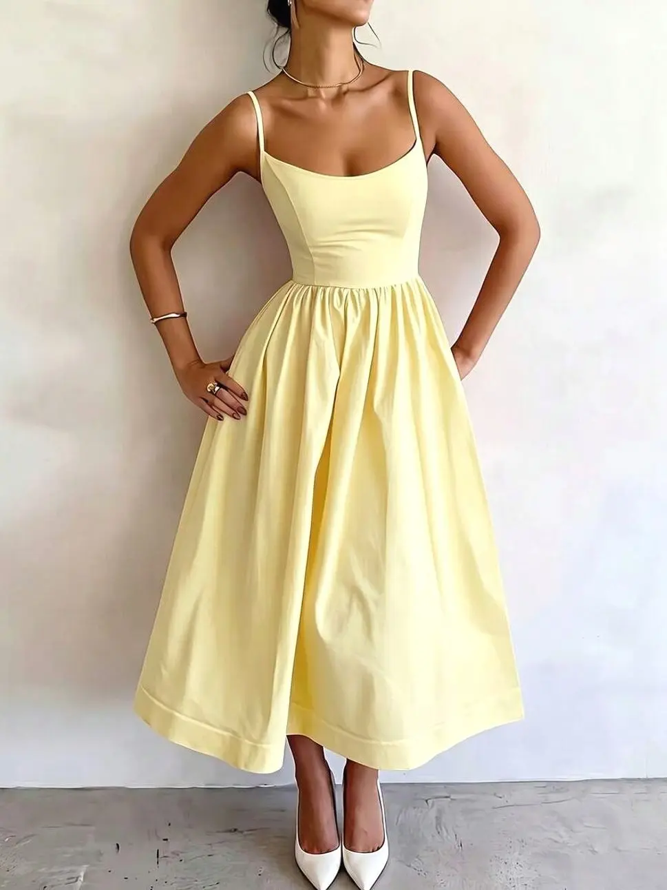 Women's Summer Elegant Pale Yellow Spaghetti Strap Dress, Cinched Waist A-Line Skirt, Suitable For Daily Wear, Dating, Outings And Vacation