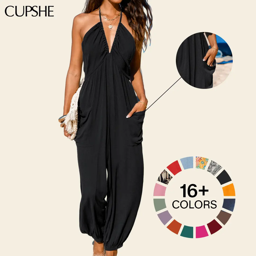 CUPSHE Women's Sleeveless Plunge Halter Wide Leg Jumpsuit - Adjustable Strap, Lightweight Rayon, Pockets, Tropical Print, Casual Fashion Jumpsuit, Stylish Women's Wear, Beach Outfits for Summer Resort Holiday #tiktokshopmemorialday