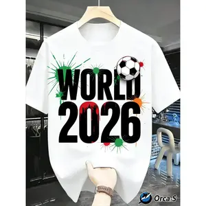2026 Football Theme Graphic T-Shirt, Eye-Catching Text with Red Splash Effect, Casual Crew Neck Design, Loose Comfortable Fit, All-Season Versatile Wear, Lightweight Casual Streetwear Top for Sports Fans
