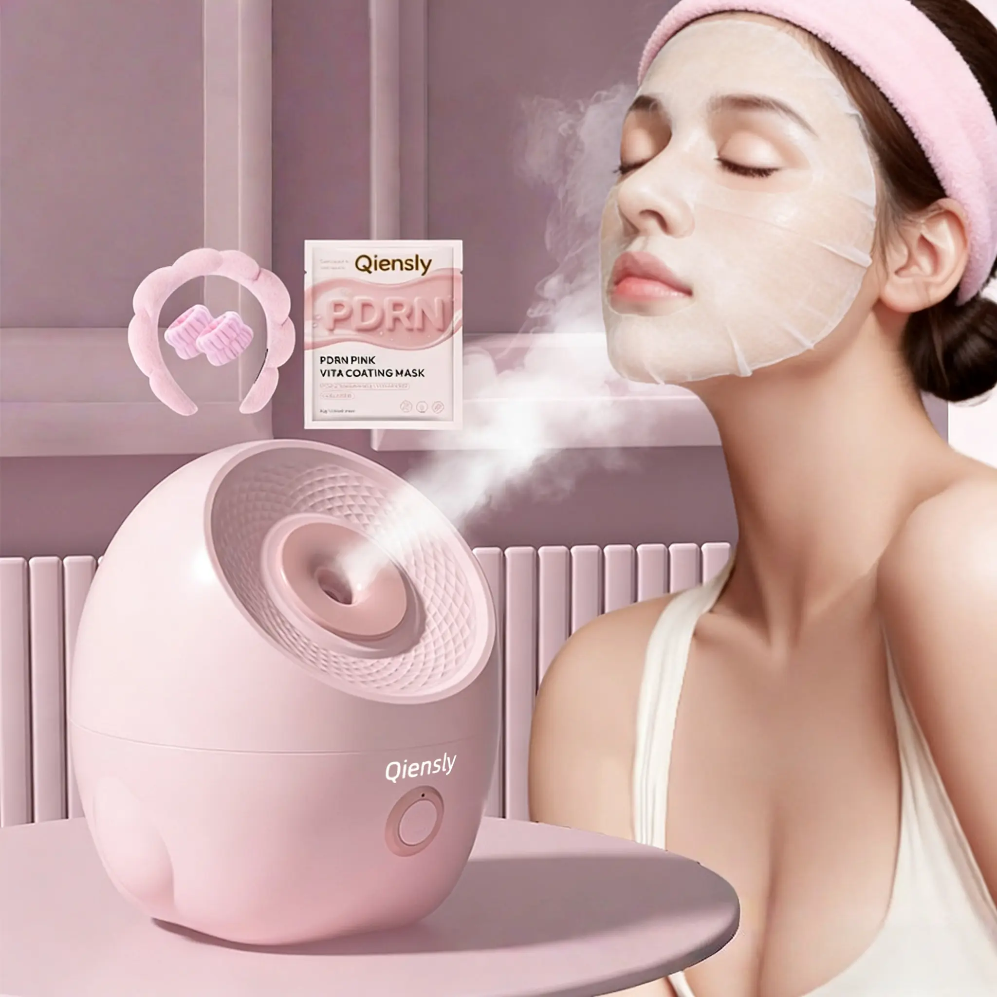 Qiensly 2-in-1 Nano Ionic Facial Steamer & Humidifier Bundle Set - Free PDRN Collagen Mask, Headband, Wristbands Included - 3-5 Min Lazy-Girl Tool, Pore Treatment, Boosts Glow, All Skin Types, Winter Hydration, Steam Then Relax Self-Care At-Home Spa, Unis
