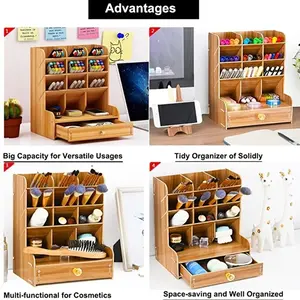 Wooden Desk Organizer Box, Multi-Functional Pen Holder, Bookshelf Storage Container, Durable Wooden Design, Perfect for Office & Home Use, Wooden Desk Stationery Holder